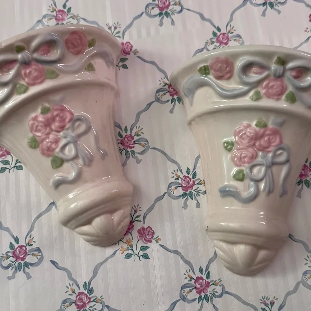 Pink Rose Ceramic Wall Pockets with Blue Ribbon Accents NOS
